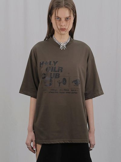 HOLY NUMBER 7 OVERSIZED HIP HOP DANCE STUDIO HOLY GIRL CLUB GRAPHICS SHORT SLEEVE T-SHIRT [KHAKI]