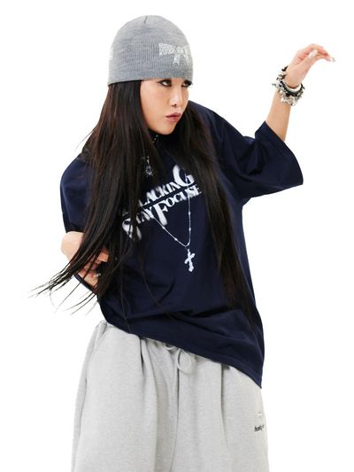 HOLY NUMBER 7 Oversized Hip Hop Dance Studio Necklace Graphics T-Shirt [Coco Brown N Buttery Yellow, Navy]