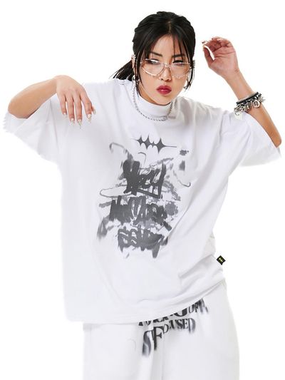 HOLY NUMBER 7 Oversized Hip Hop Dance Studio Vintage Graphics T-Shirt [Buttery Yellow, White]