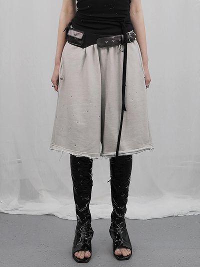 HOLY NUMBER 7 OVERSIZED HIP HOP WIDE FIT CUBIC SHORT PANTS [LIGHT GRAY]