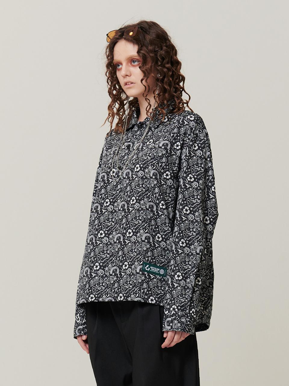 HOLY NUMBER 7 RECYCLE POLYESTER GRAPHIC PULLOVER LONG SLEEVED STRING SHIRT [BLACK]