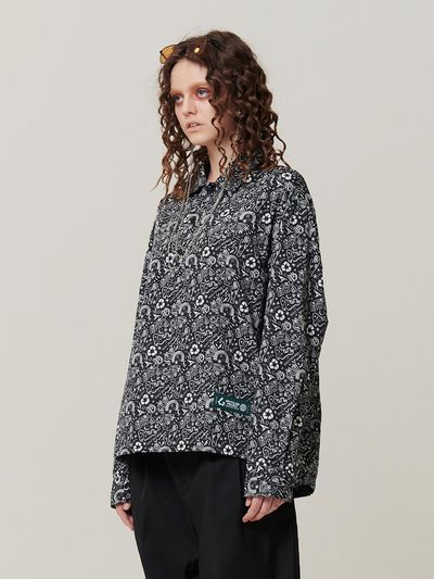 HOLY NUMBER 7 RECYCLE POLYESTER GRAPHIC PULLOVER LONG SLEEVED STRING SHIRT [BLACK]