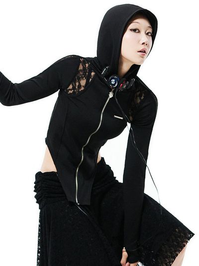 HOLY NUMBER 7 Shoulder Lace High-Stretch Hooded Bodysuit