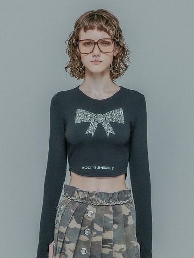 HOLY NUMBER 7 UNBALANCED ROUND RIBBON HOTFIX T-SHIRT [BLACK]