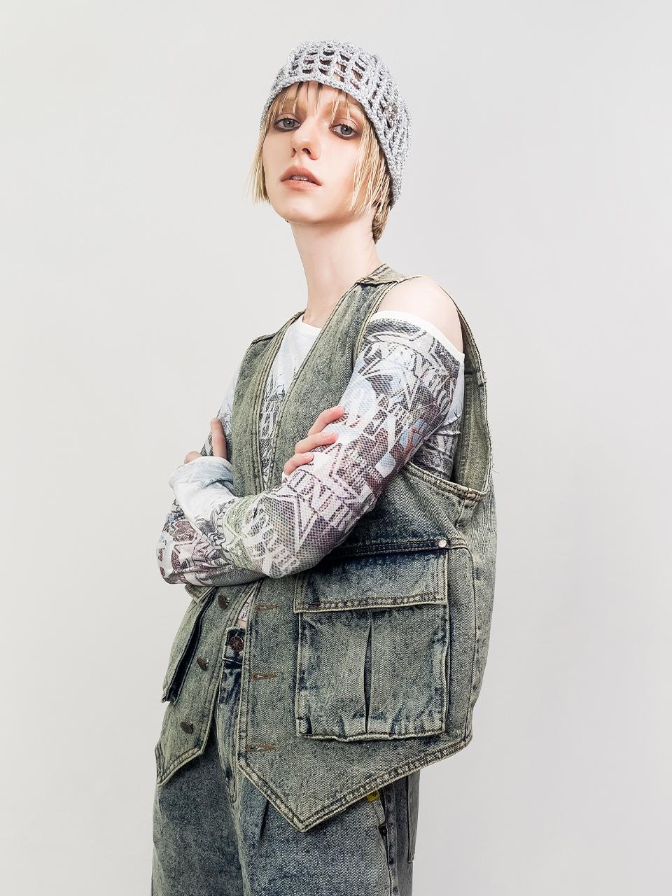 HOLY NUMBER 7 WASHING DENIM VEST [BLUE]