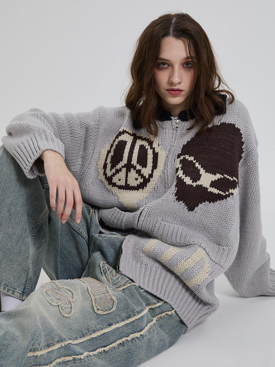 HOODHOOD Alien Collar Wool-Acrylic Zip-up Cardigan [Gray]