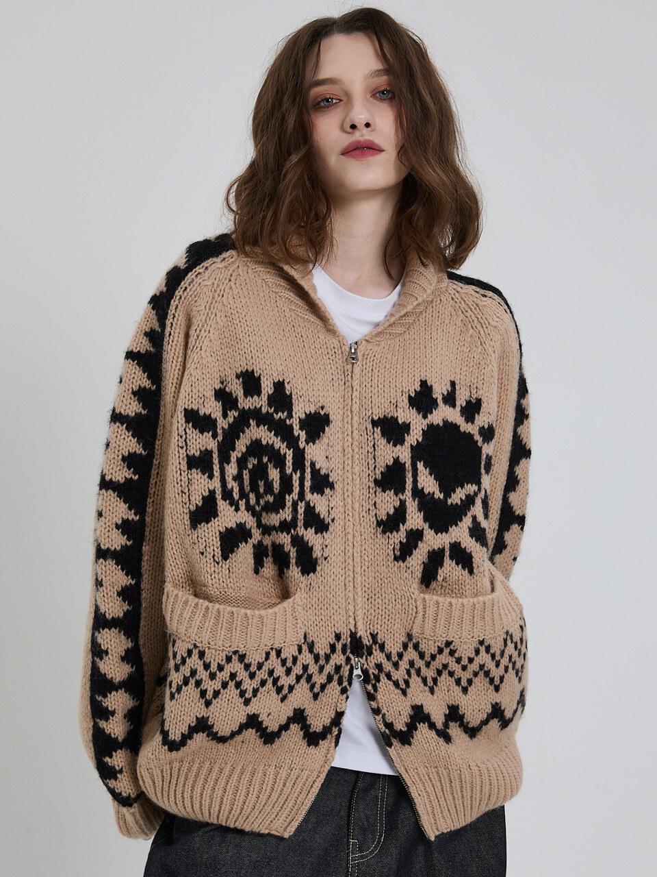 HOODHOOD Alien Nordic Oversized Unisex Cardigan [Beige]