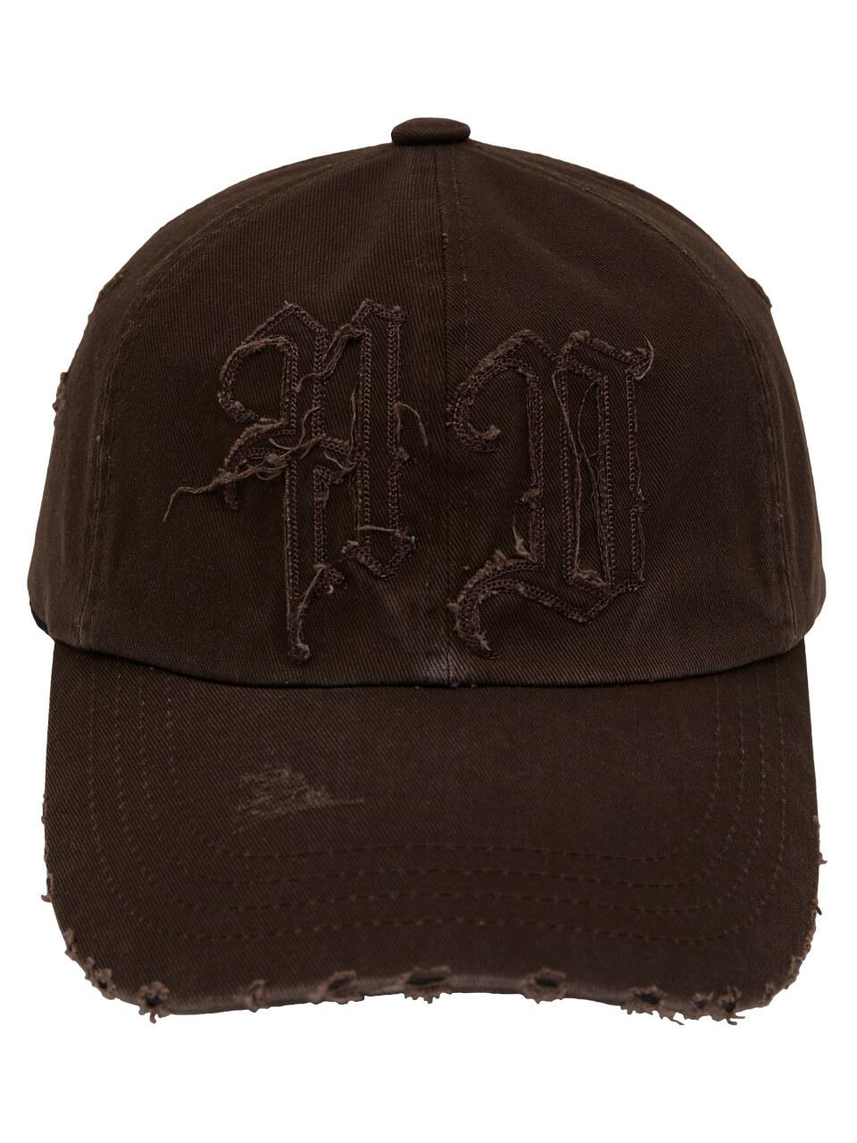 HOODHOOD Applique Distressed Cotton Ball Cap [Brown]