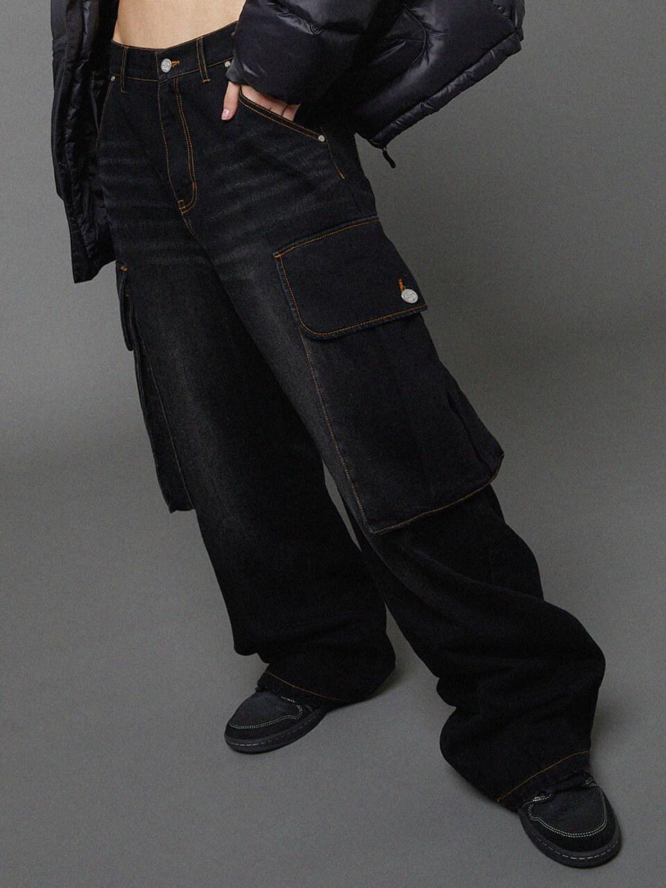 HOODHOOD Big Pocket Washed Cargo Denim [Black]