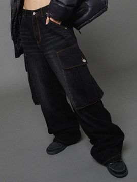HOODHOOD Big Pocket Washed Cargo Denim [Black]