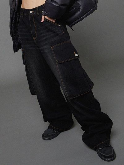 HOODHOOD Big Pocket Washed Cargo Denim [Black]