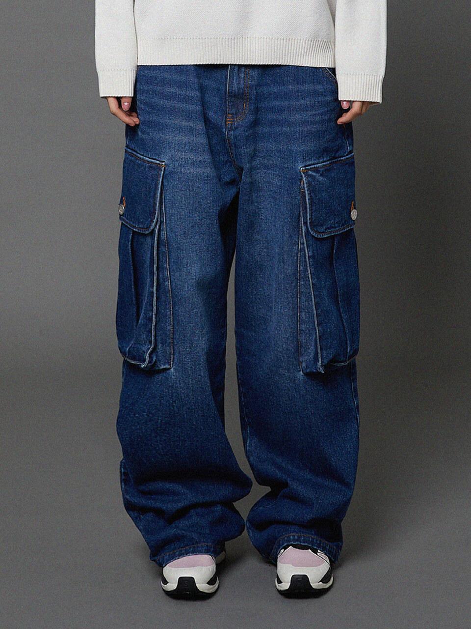 HOODHOOD Big Pocket Washed Cargo Denim [Medium Blue]