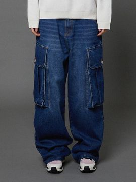 HOODHOOD Big Pocket Washed Cargo Denim [Medium Blue]