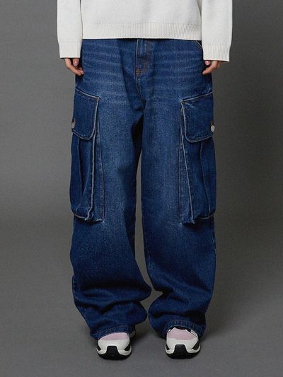 HOODHOOD Big Pocket Washed Cargo Denim [Medium Blue]