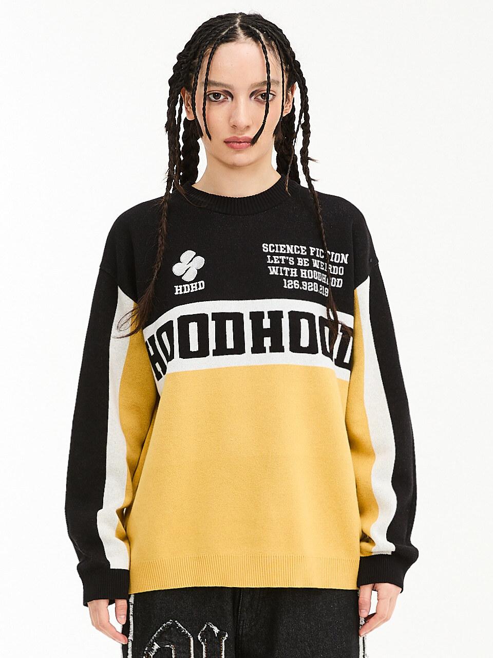 HOODHOOD Color Block Racing Crewneck Ribbed Sweater [Black]