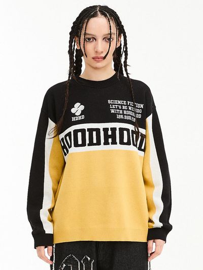 HOODHOOD Color Block Racing Crewneck Ribbed Sweater [Black]