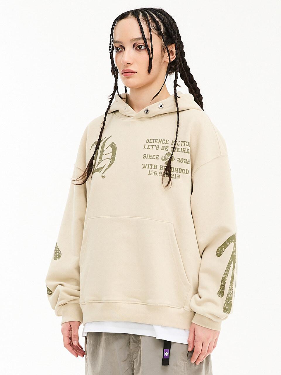 HOODHOOD Cotton Blend Graphic Print Varsity Hoodie [Beige]
