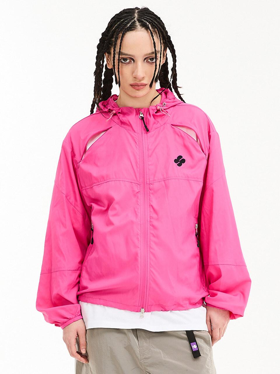 HOODHOOD Cut-off Sheer Zipper Windbreaker Jacket [Pink]