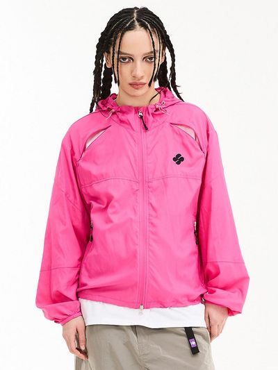 HOODHOOD Cut-off Sheer Zipper Windbreaker Jacket [Pink]