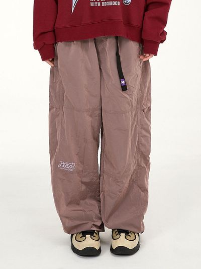 HOODHOOD Cut-out Cargo Elastic Waist Nylon Wide Pants [Dust Pink]