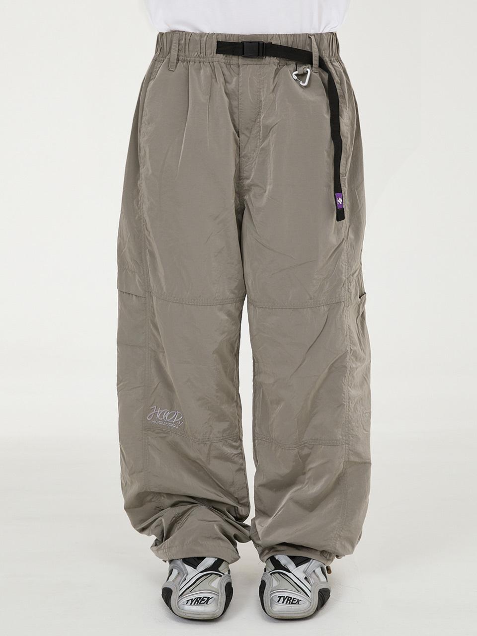 HOODHOOD Cut-out Cargo Elastic Waist Nylon Wide Pants [Grey]
