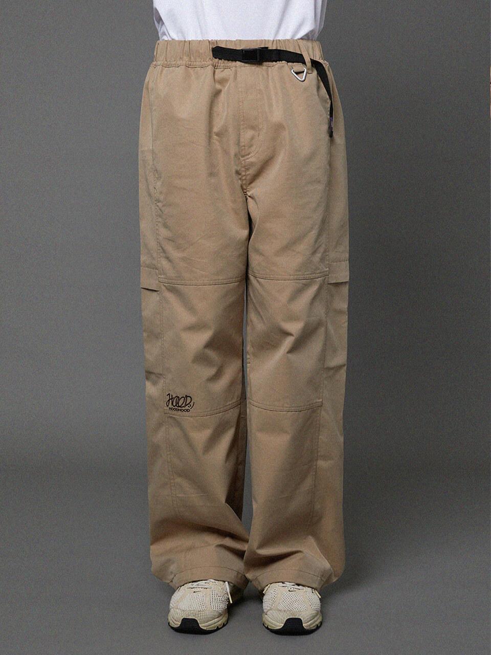 HOODHOOD Cut-out Cotton Cargo Elastic Waist Pants [Beige]