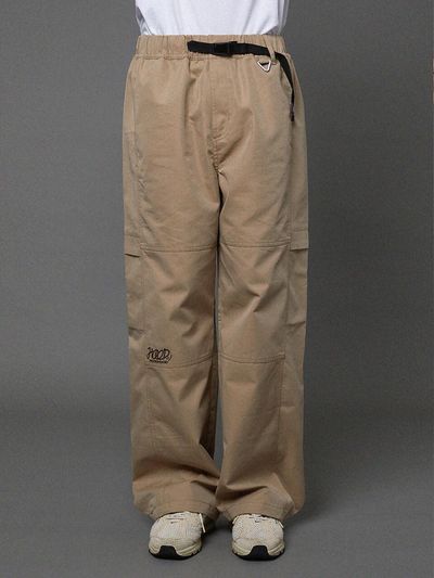 HOODHOOD Cut-out Cotton Cargo Elastic Waist Pants [Beige]