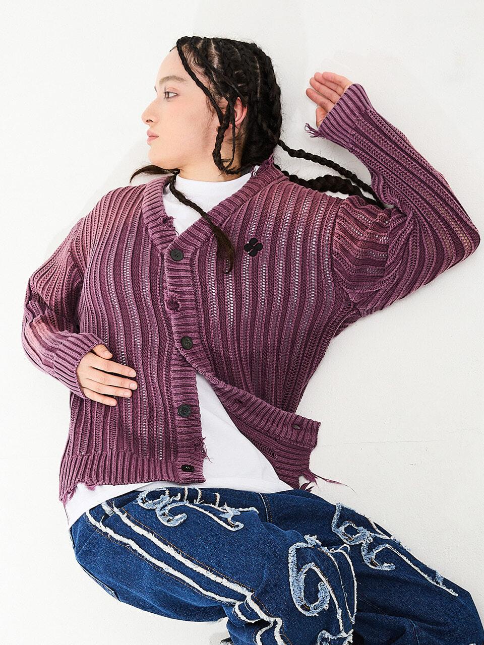 HOODHOOD Distressed Bleach Wash Oversized Cotton Cardigan [Purple]