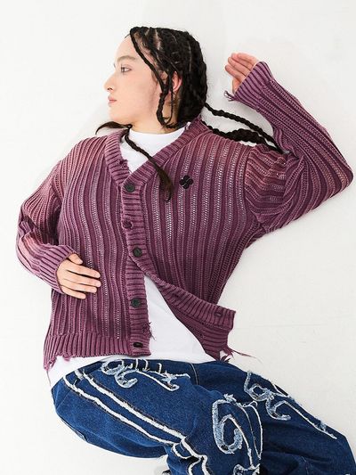 HOODHOOD Distressed Bleach Wash Oversized Cotton Cardigan [Purple]