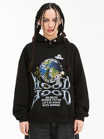 HOODHOOD Distressed Spacecraft Cotton-Polyester Hoodie [Black]