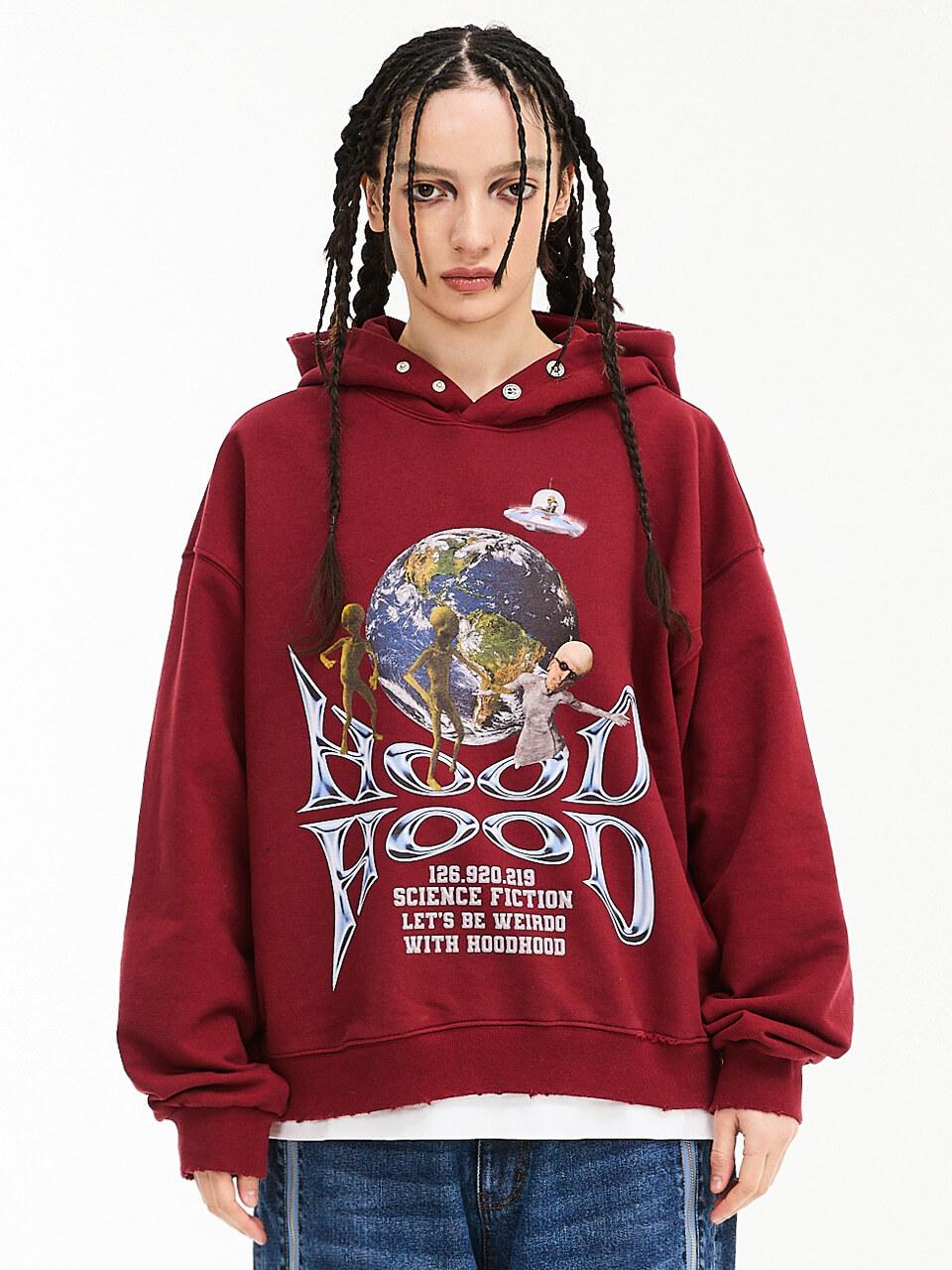 HOODHOOD Distressed Terry Cotton Spacecraft Hoodie [Burgundy]