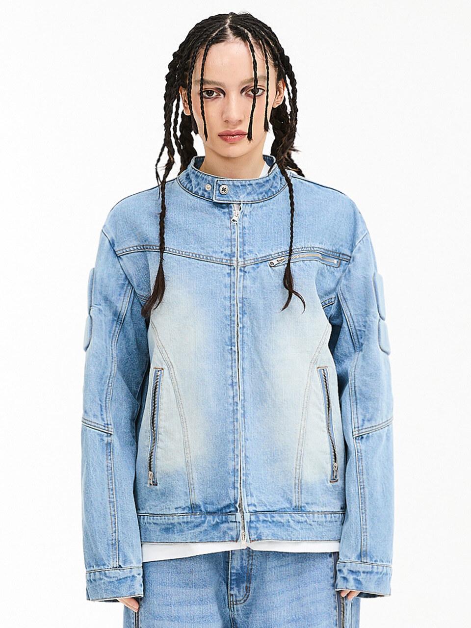 HOODHOOD Embossed Biker Denim Jacket [Light Blue]