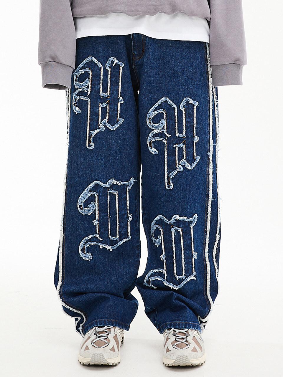 HOODHOOD HD Applique Wide Cotton-Blend Denim [Medium Blue]