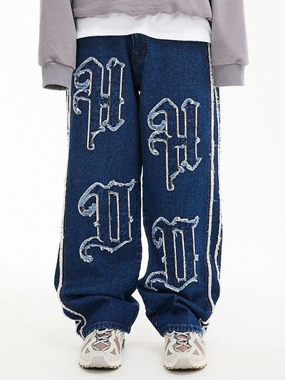 HOODHOOD HD Applique Wide Cotton-Blend Denim [Medium Blue]