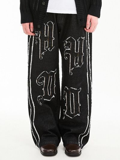 HOODHOOD High Density Applique Wide Leg Denim [Black]