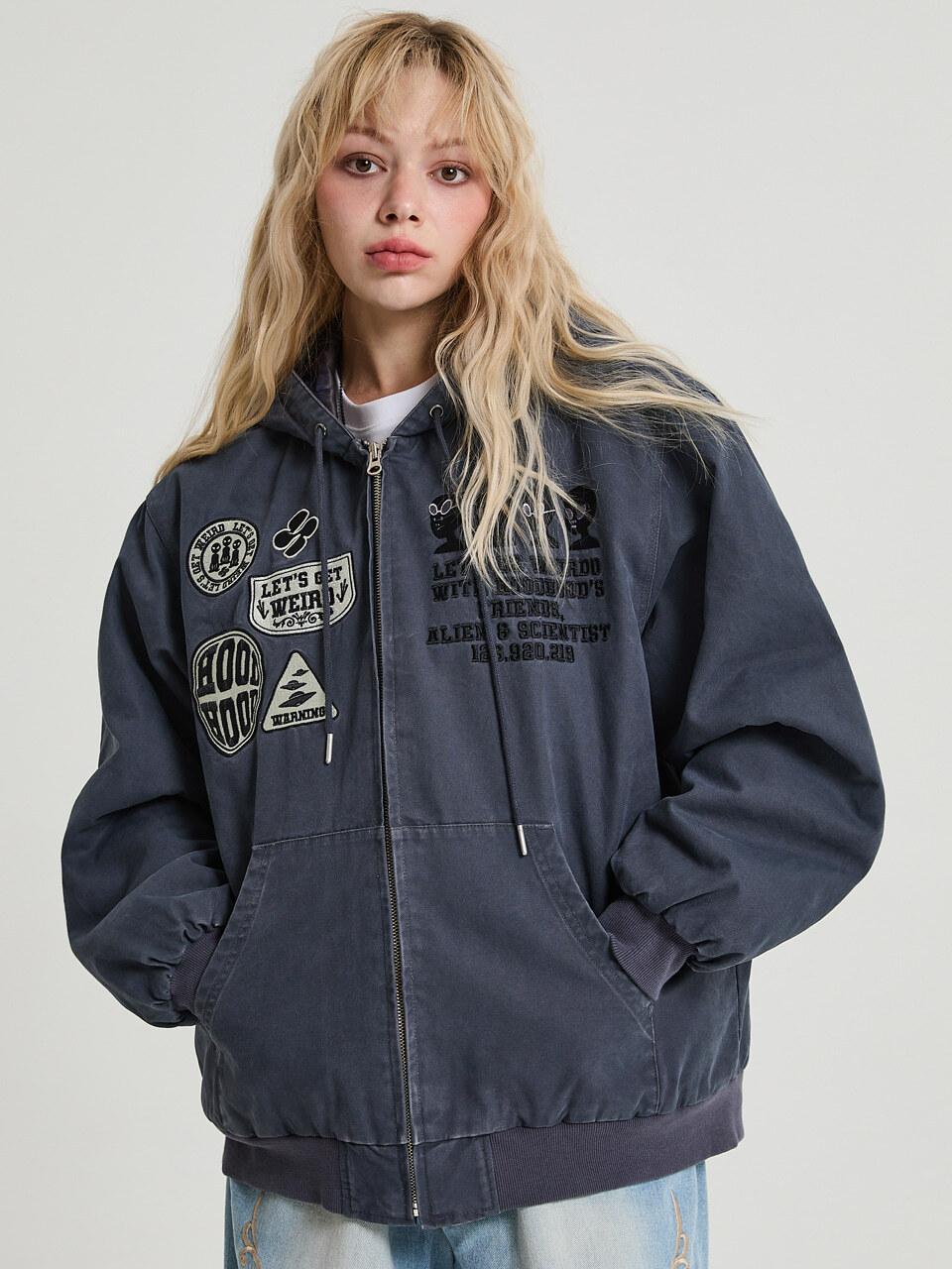 HOODHOOD Padded Washed Hooded Casual Jacket [Dust Blue]