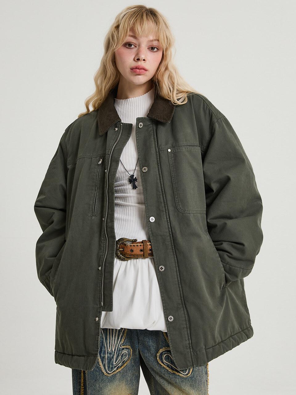 HOODHOOD Padded Washed Utility Work Jacket [Khaki]