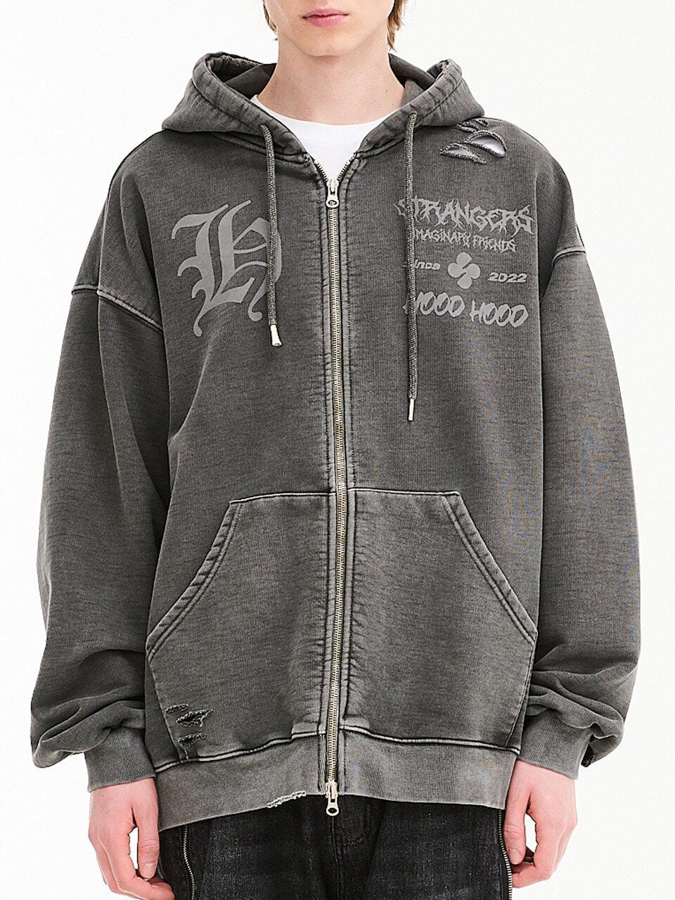HOODHOOD Pigment Damaged Cotton Blend Zip-up Hoodie [Charcoal]