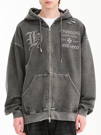 HOODHOOD Pigment Damaged Cotton Blend Zip-up Hoodie [Charcoal]