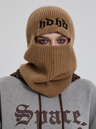 HOODHOOD Wool Blend Knit Logo Balaclava [Beige]