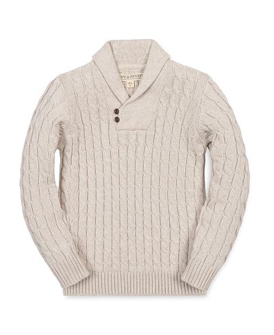 Hope & Henry Hope & Henry Unisex Organic Long Sleeve Shawl Collar Cable Sweater with Elbow Patches