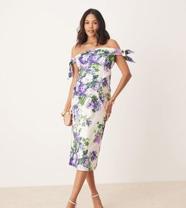 Hope & Ivy Maternity Hope & Ivy Maternity off the shoulder sleeve pencil midi dress in white and purple