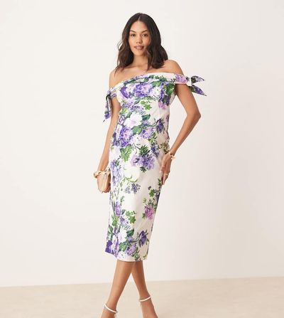 Hope & Ivy Maternity Hope & Ivy Maternity off the shoulder sleeve pencil midi dress in white and purple