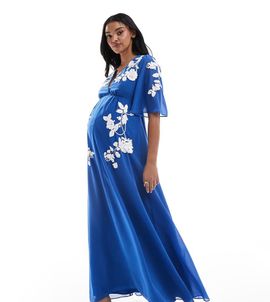 Hope & Ivy Maternity Hope & Ivy Maternity plunge front embellished maxi dress in blue