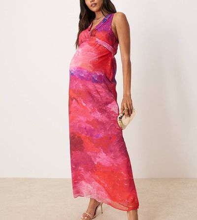 Hope & Ivy Maternity Hope & Ivy Maternity v-neck maxi dress with tie back in pink print