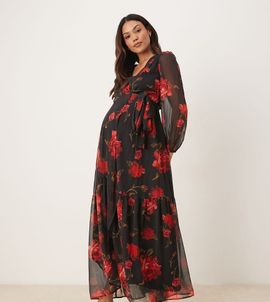 Hope & Ivy Maternity Hope & Ivy Maternity wrap front maxi dress in black and red floral