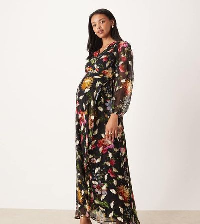 Hope & Ivy Maternity Hope & Ivy Maternity wrap front maxi dress in black floral with gold flecks