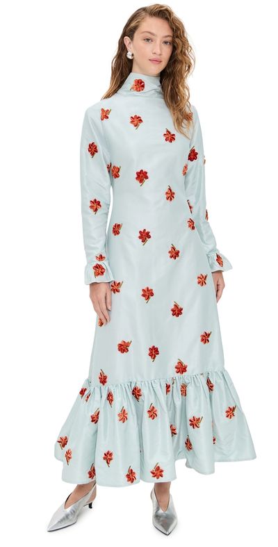 House of Aama - Orange Flowers Silk Dress Light Blue