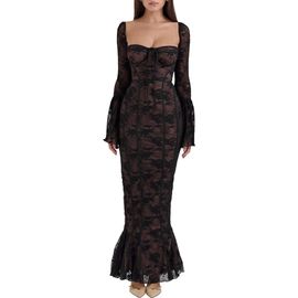 HOUSE OF CB HOUSE OF CB Delilah Long Sleeve Lace Overlay Mermaid Dress