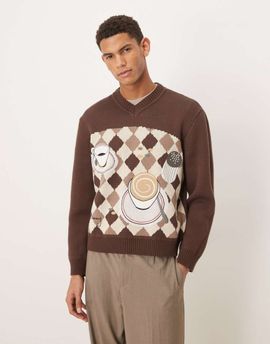 House of Sunny House of Sunny daily grind jacquard knit v neck sweater in brown